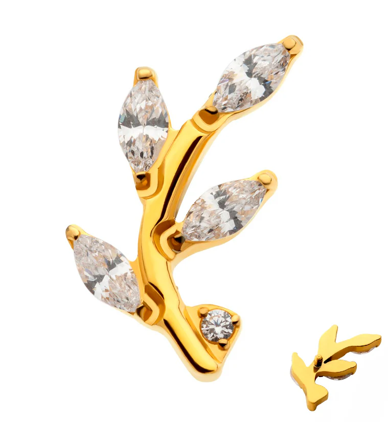 Gold PVD Leaf Clear CZ Internally Threaded Titanium Top - Mrs Treak