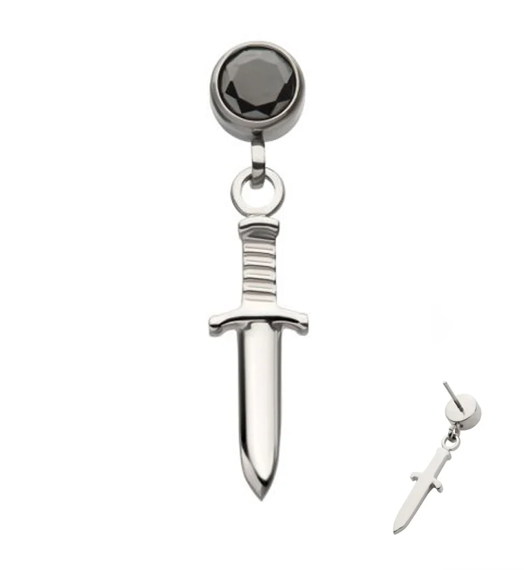 Dangle Dagger Black CZ Threadless Top - Mrs Treak