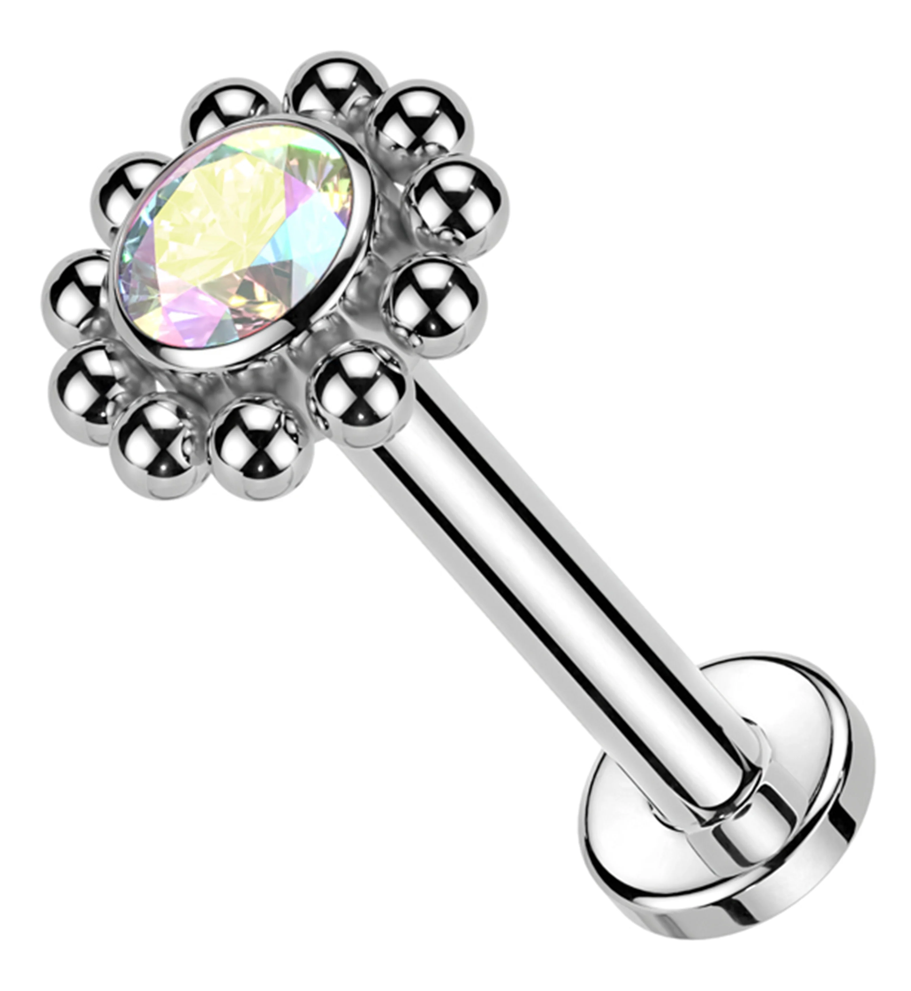 Beaded Flower Rainbow Aurora CZ Internally Threaded Titanium Labret - Mrs Treak
