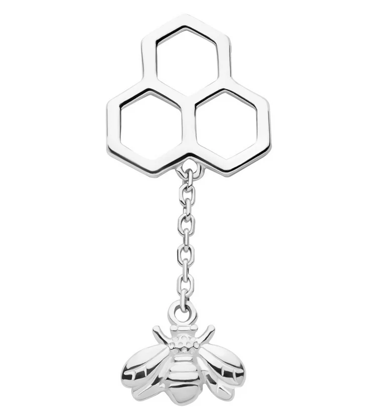 14kt White Gold Honeycomb Dangle Bee Threadless Top - Mrs Treak
