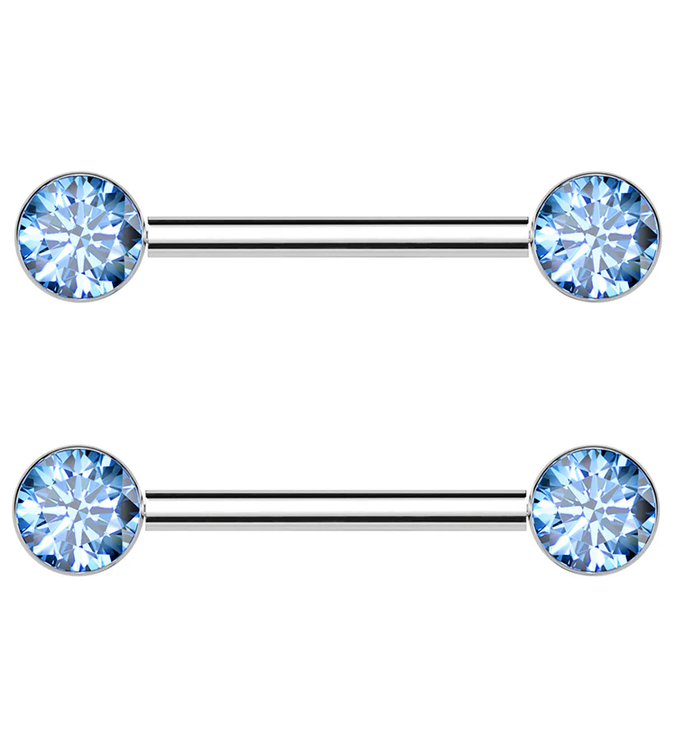 Bezel Aqua CZ Threadless Titanium Nipple Barbells - Mrs Treak