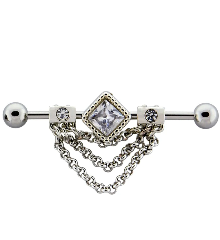 Gem Square Chained Stainless Steel Industrial Barbell - Mrs Treak