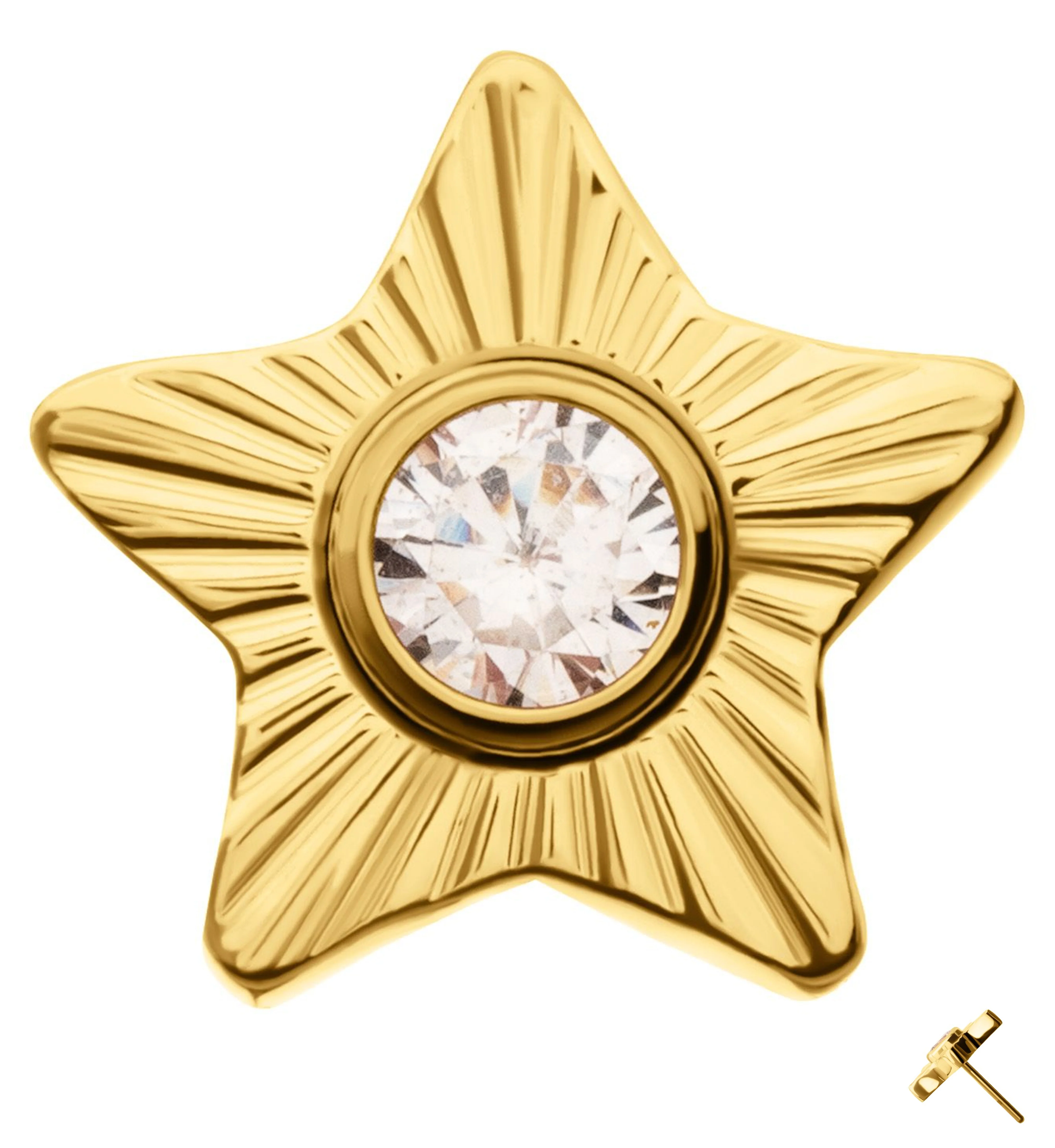 24kt Gold PVD Score Star Clear CZ Threadless Titanium Top - Mrs Treak