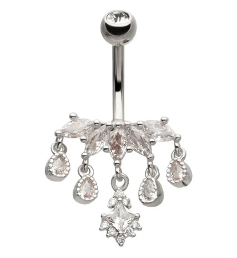 Beaded Chaplet Dangle Clear CZ Cluster Belly Button Ring - Mrs Treak