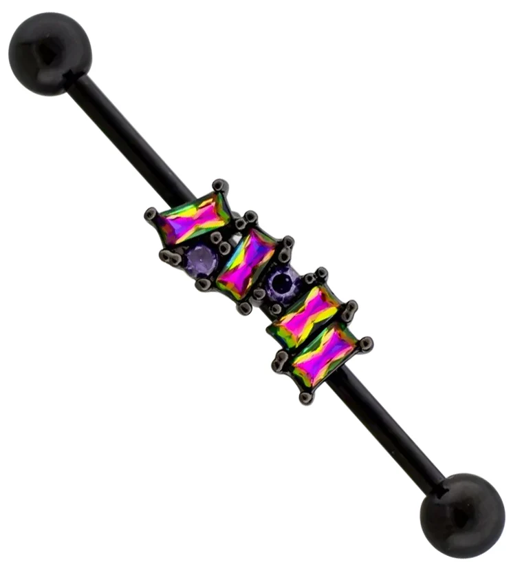Black Aurora Baguette CZ Stainless Steel Industrial Barbell - Mrs Treak