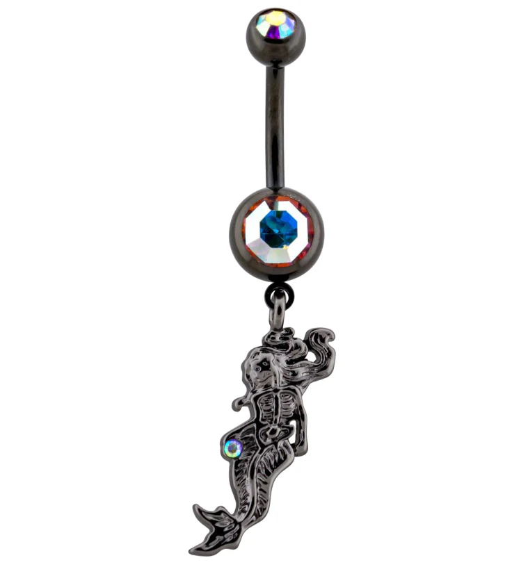 Black PVD Dangle Mermaid Skeleton Rainbow Aurora CZ Belly Button Ring - Mrs Treak