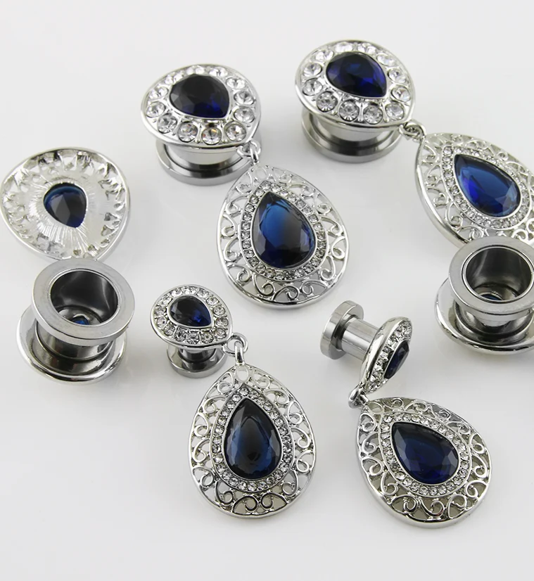 Blue Teardrop CZ Dangle Stainless Steel Tunnels - Mrs Treak