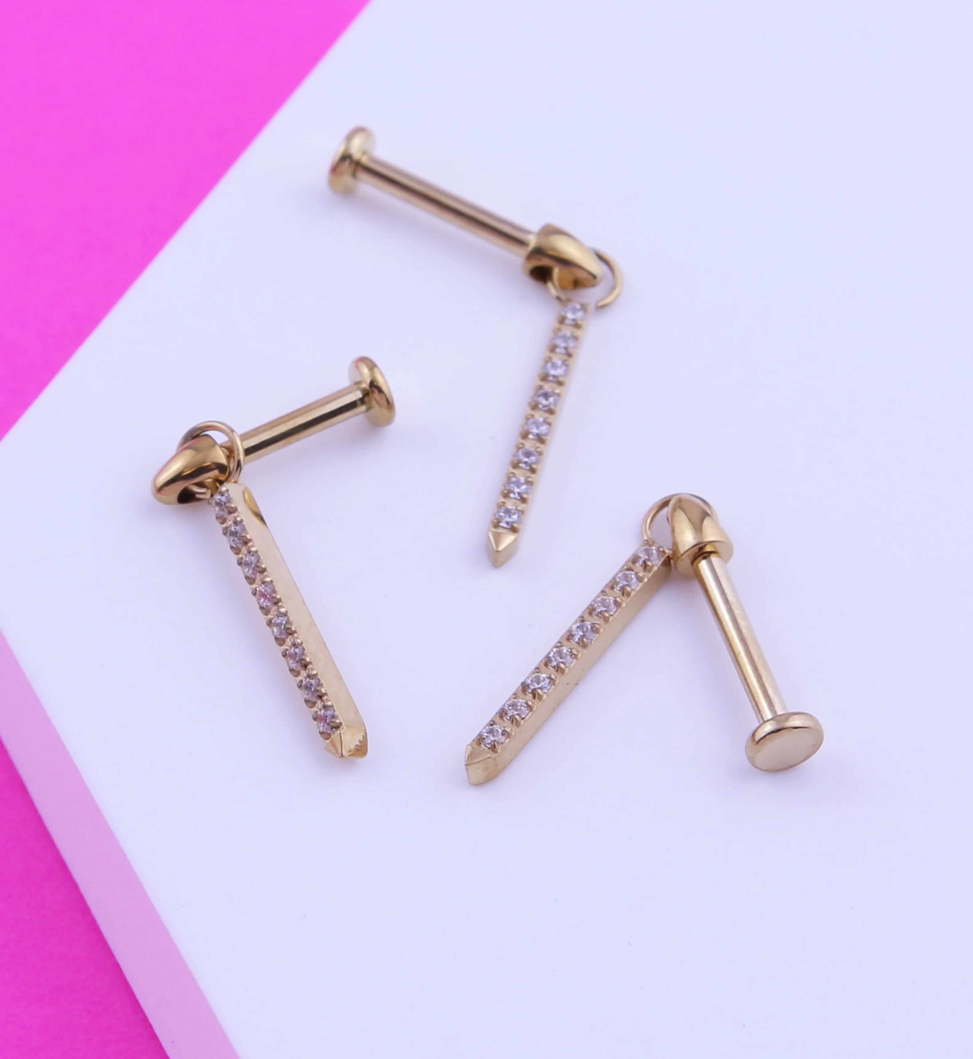 Gold PVD Pave Clear CZ Dangle Post Internally Threaded Titanium Labret - Mrs Treak