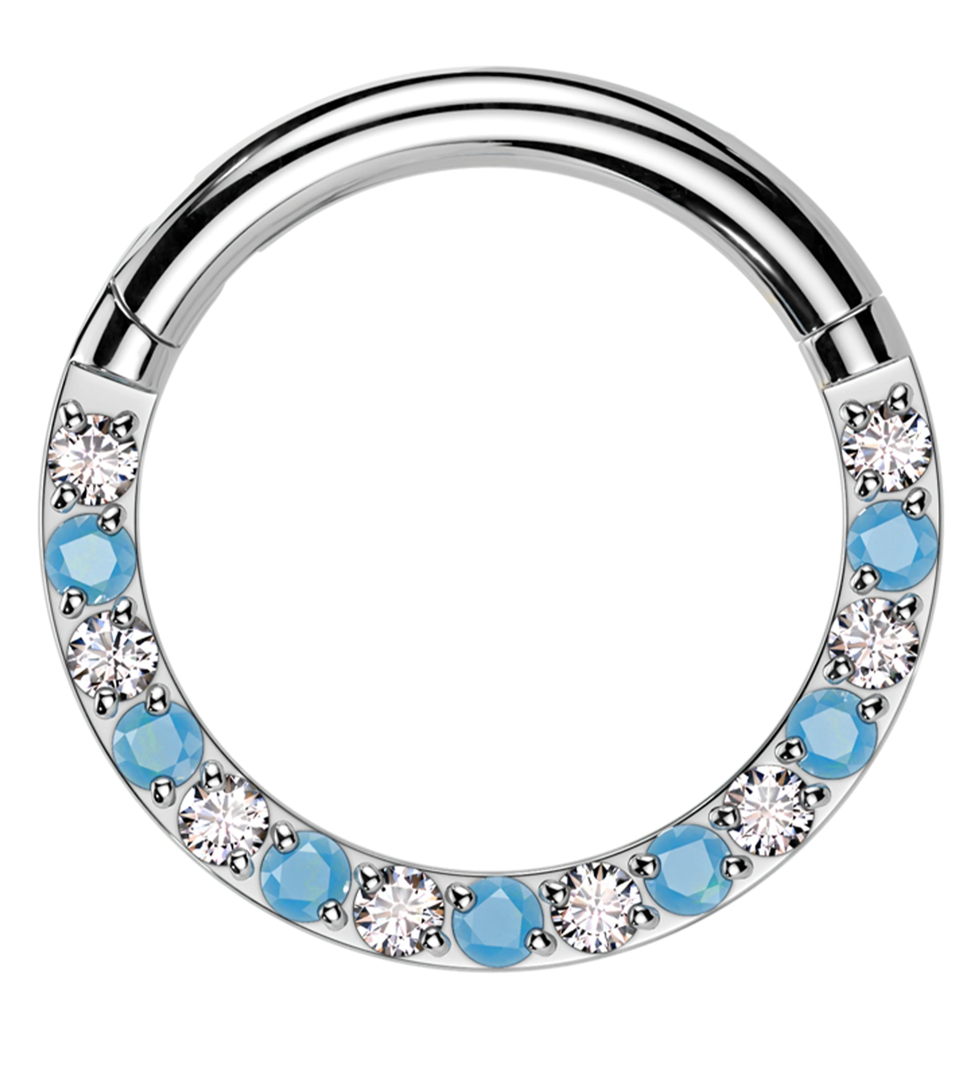 Front Facing Clear CZ Turquoise Titanium Hinged Segment Ring - Mrs Treak