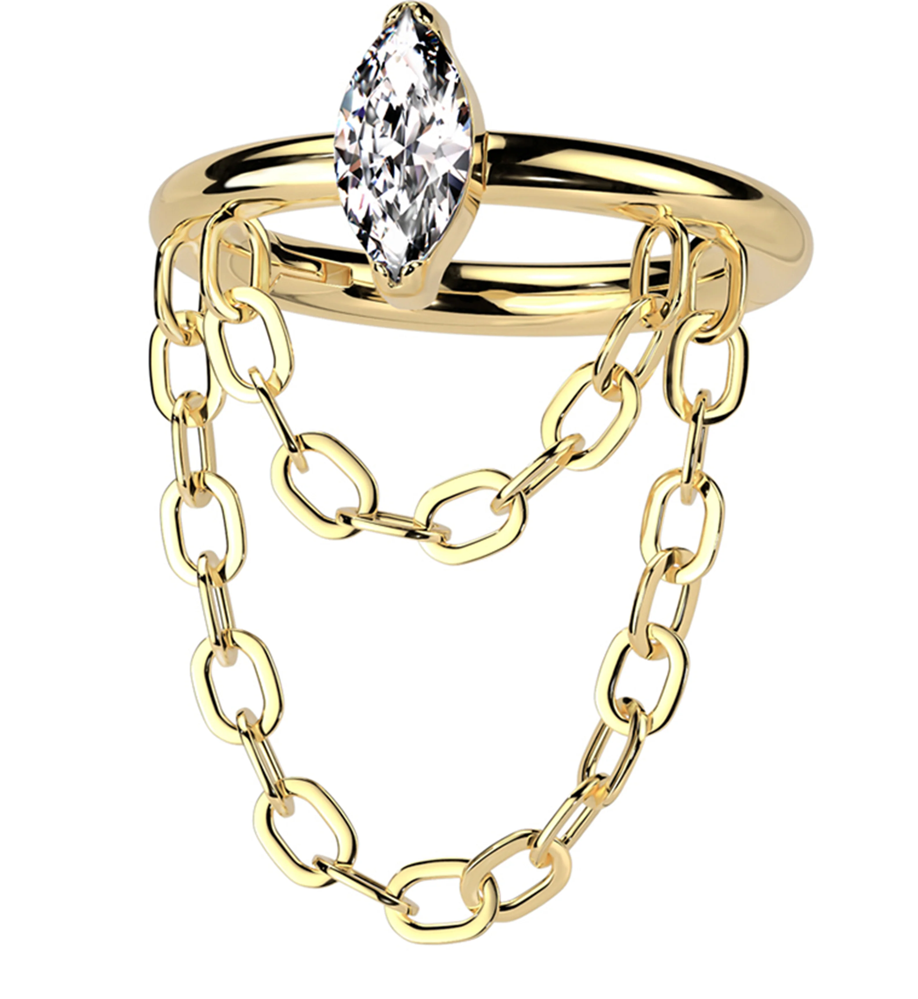 Gold PVD Outward Marquise CZ Double Dangle Chain Stainless Steel Hinged Segment Ring - Mrs Treak