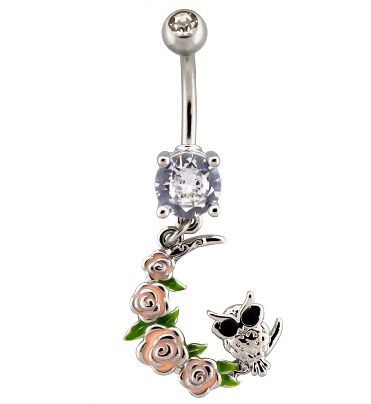 Rose Half Moon with Owl Dangle Belly Button Ring - Mrs Treak