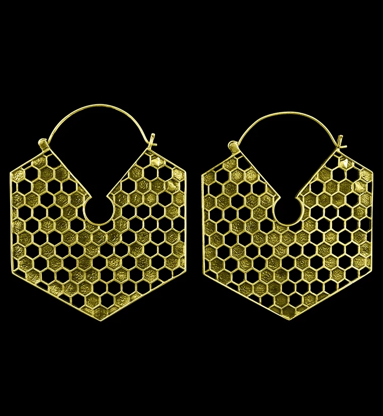 18G Honeycomb Hexagon Brass Earrings - Mrs Treak