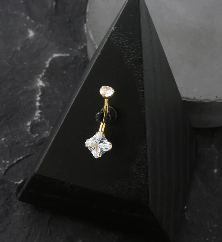 Gold PVD Square Clear CZ Internally Threaded Titanium Belly Button Ring - Mrs Treak