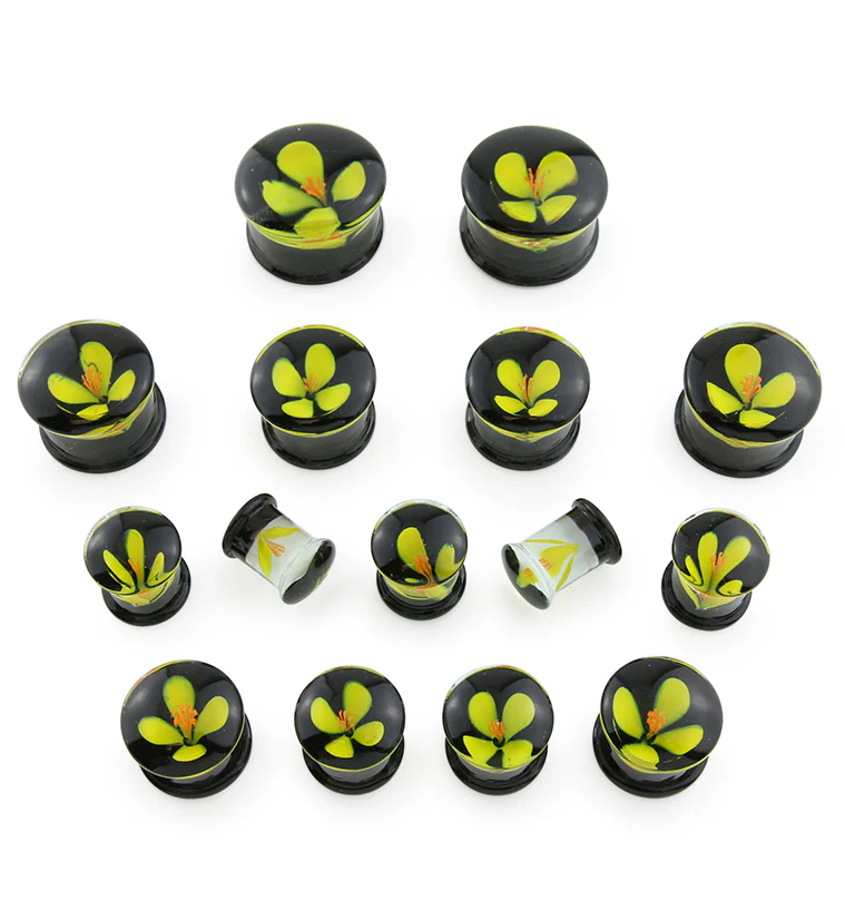Yellow Poppy Flower Black Glass Double Flare Plugs - Mrs Treak