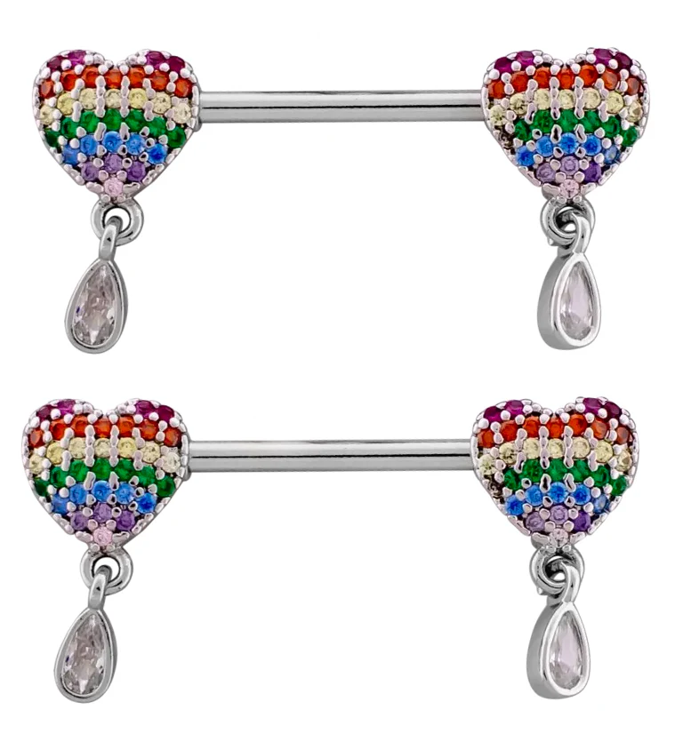 Heart Rainbow CZ Dangle Stainless Steel Nipple Barbell - Mrs Treak