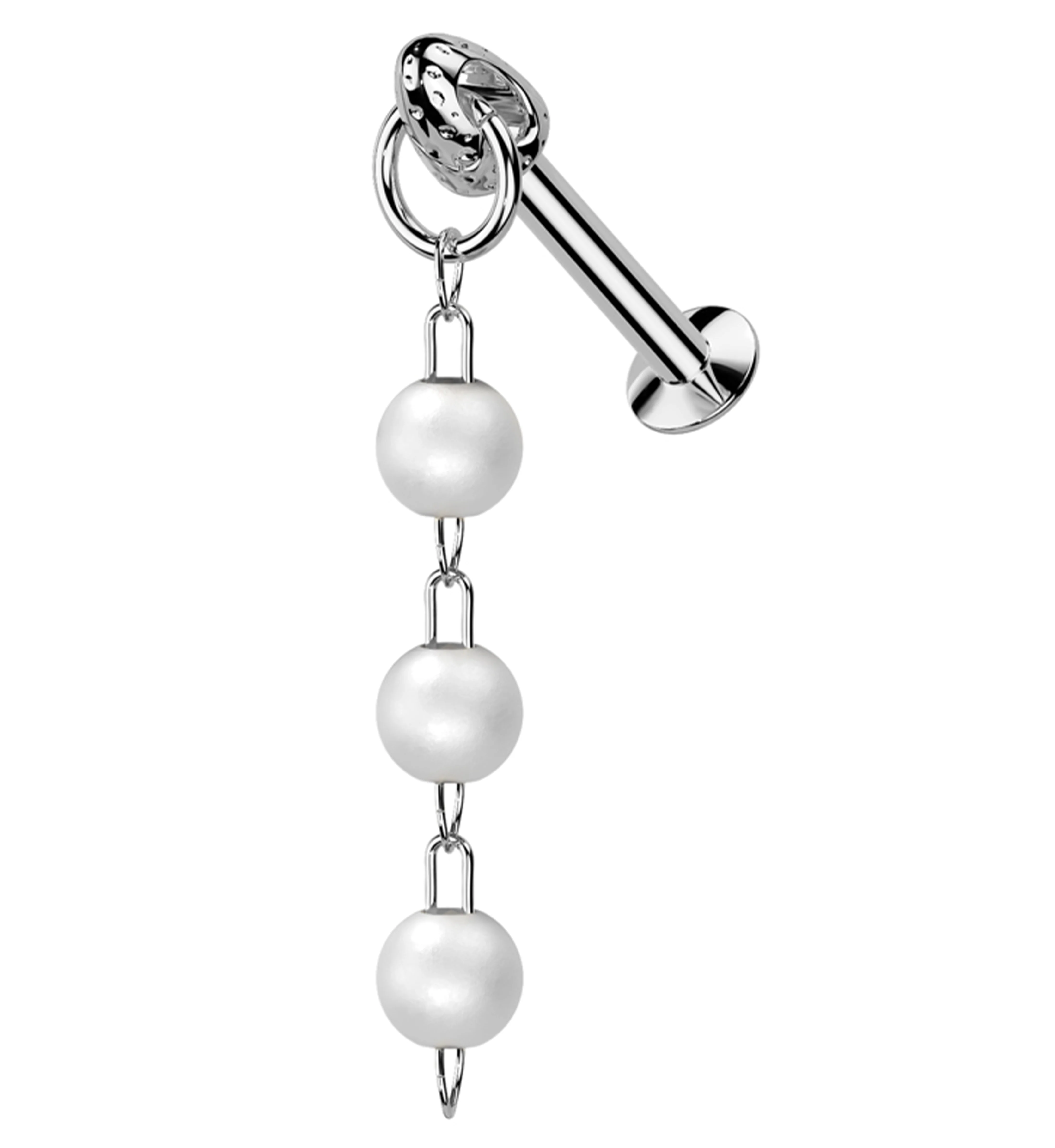 Triple Pearl Dangle Stainless Steel Convex Disc Threadless Labret - Mrs Treak