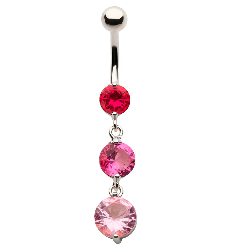 Triple Round Pink CZ Dangle Stainless Steel Belly Button Ring - Mrs Treak
