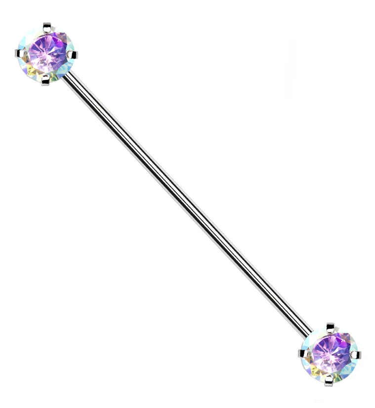 Rainbow Aurora CZ Stainless Steel Threadless Industrial Barbell - Mrs Treak
