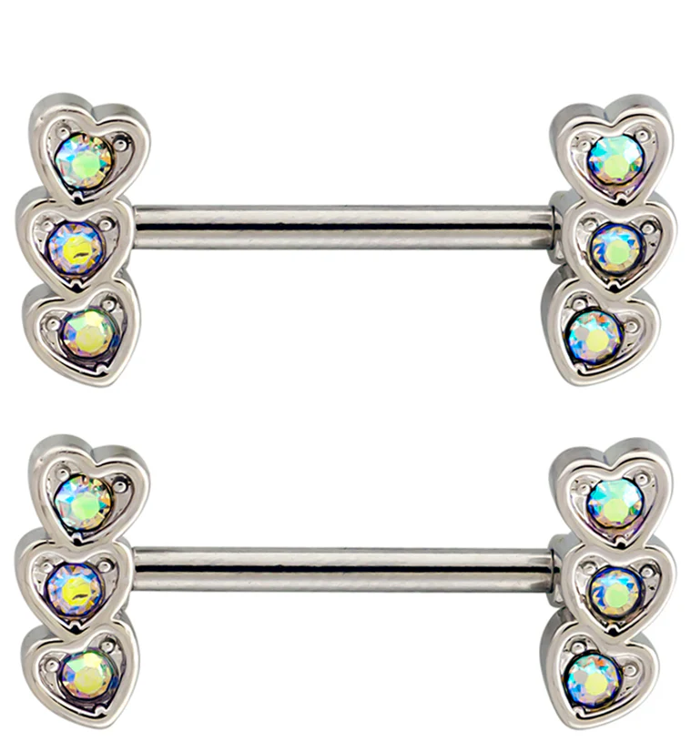 Triple Heart Rainbow Aurora CZ Stainless Steel Nipple Barbell - Mrs Treak