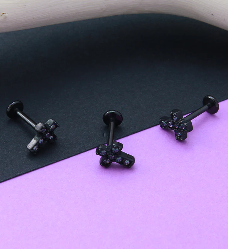 Black PVD Cross Aura CZ Gem Labret Post - Mrs Treak