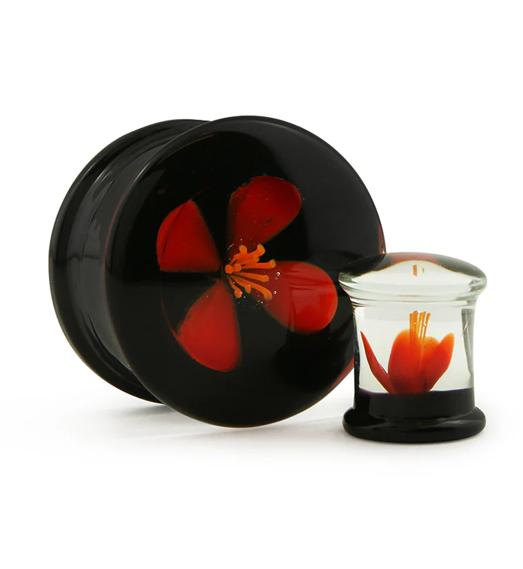 Red Poppy Flower Black Glass Double Flare Plugs - Mrs Treak