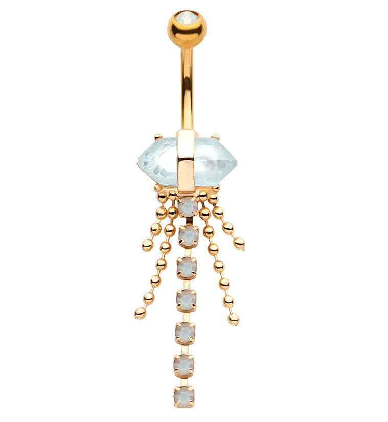 Gold PVD White Opalite Crystal Bead Chain Stainless Steel Belly Button Ring - Mrs Treak