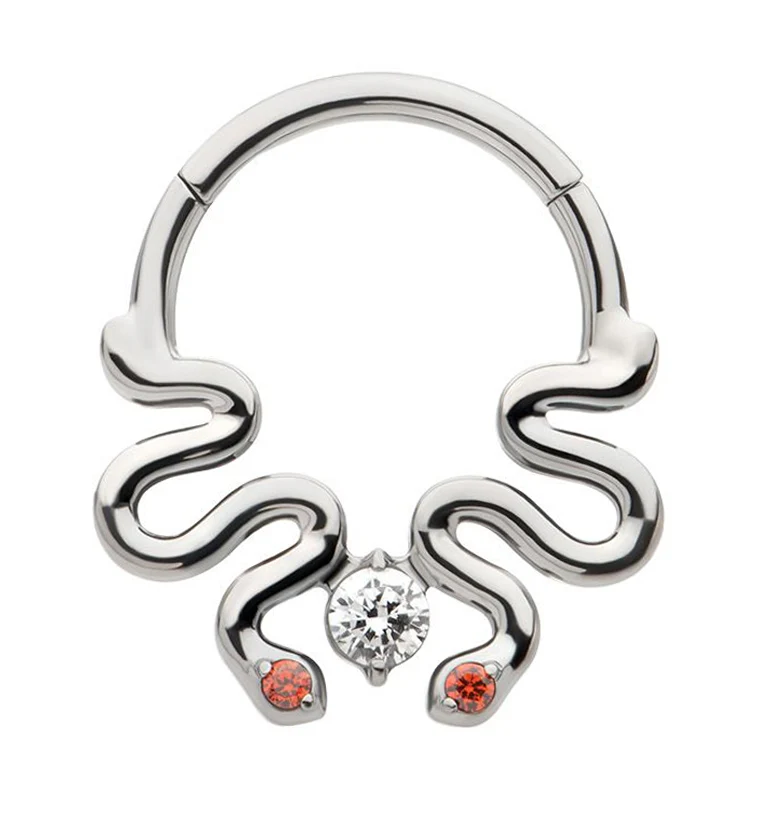 Double Curvy Snake Red CZ Eyes Hinged Segment Ring - Mrs Treak