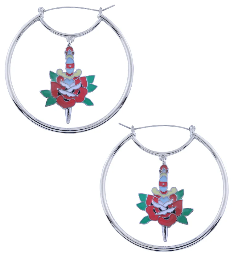 Dagger Red Rose Stainless Steel Plug Hoops - Mrs Treak