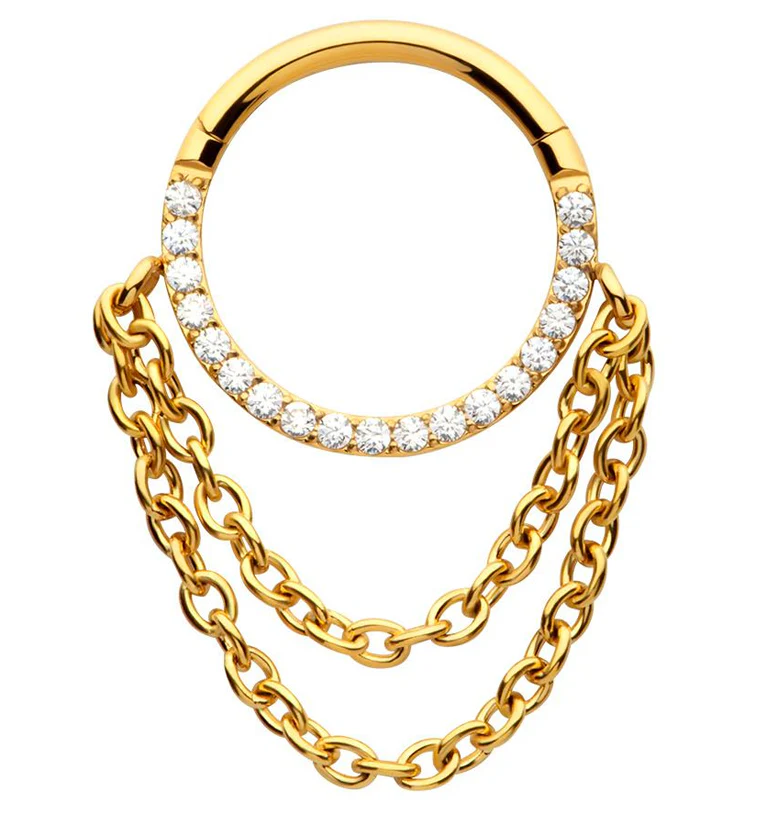 Gold PVD Pave CZ Double Dangle Chain Stainless Steel Hinged Segment Ring - Mrs Treak