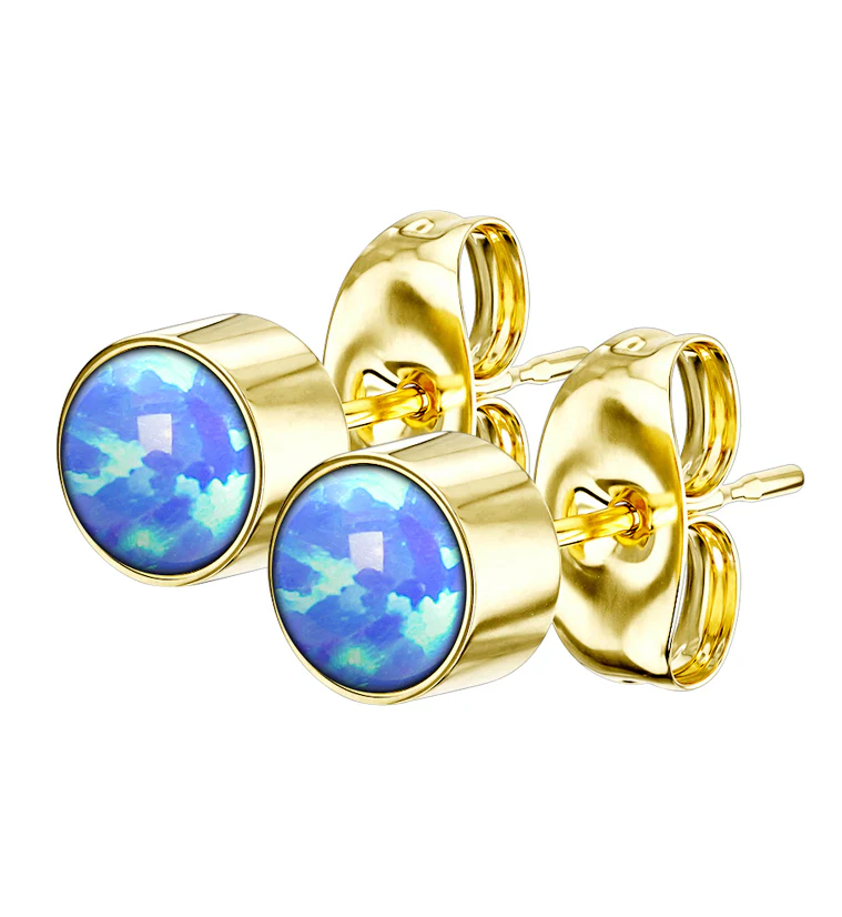 Gold PVD Bezel Blue Opalite Stainless Steel Earrings - Mrs Treak