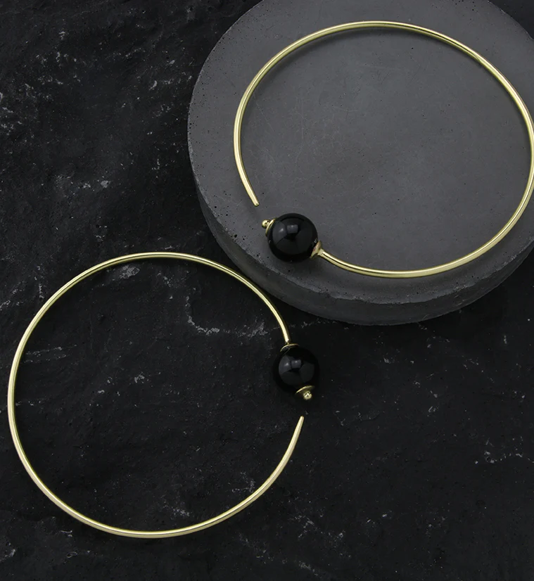 Onyx Stone Orb Brass Hangers / Plug Hoops - Mrs Treak