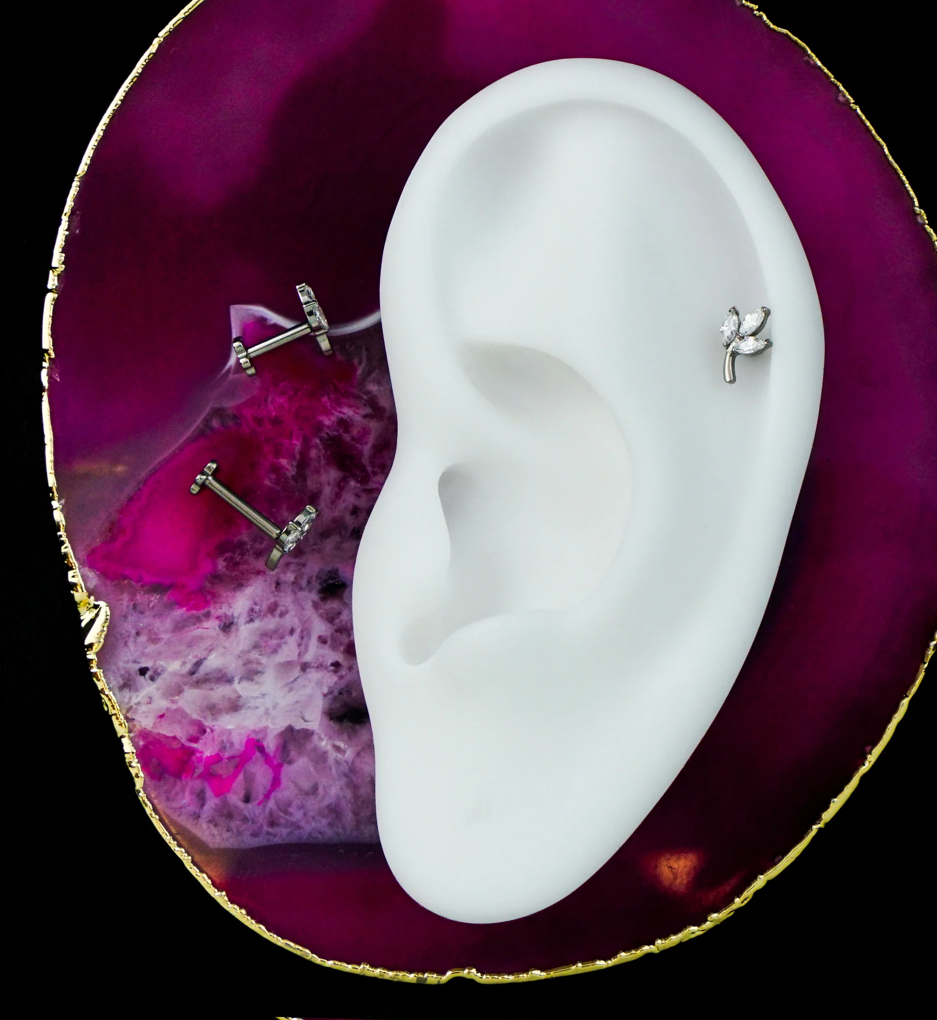 Marquise Leaf Clear CZ Flower Back Titanium Threadless Labret - Mrs Treak