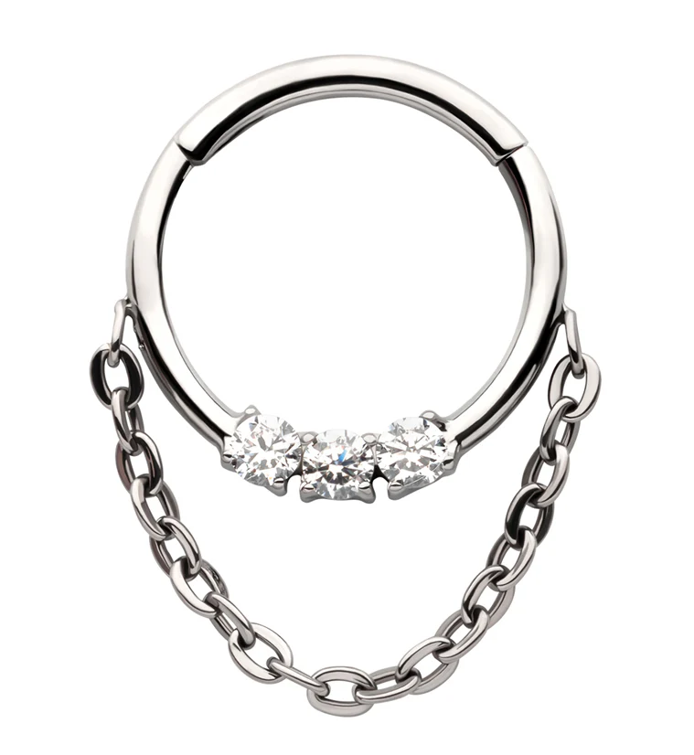 Triple Clear CZ Dangle Chain Titanium Hinged Segment Ring - Mrs Treak