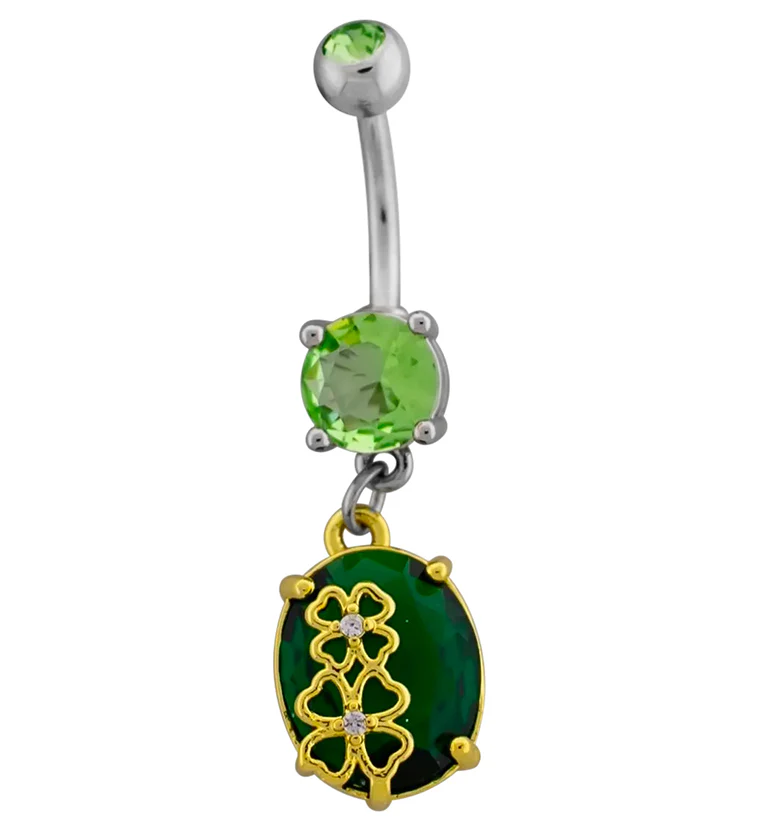 Lucky Clover Green Oval CZ Dangle Stainless Steel Belly Button Ring - Mrs Treak