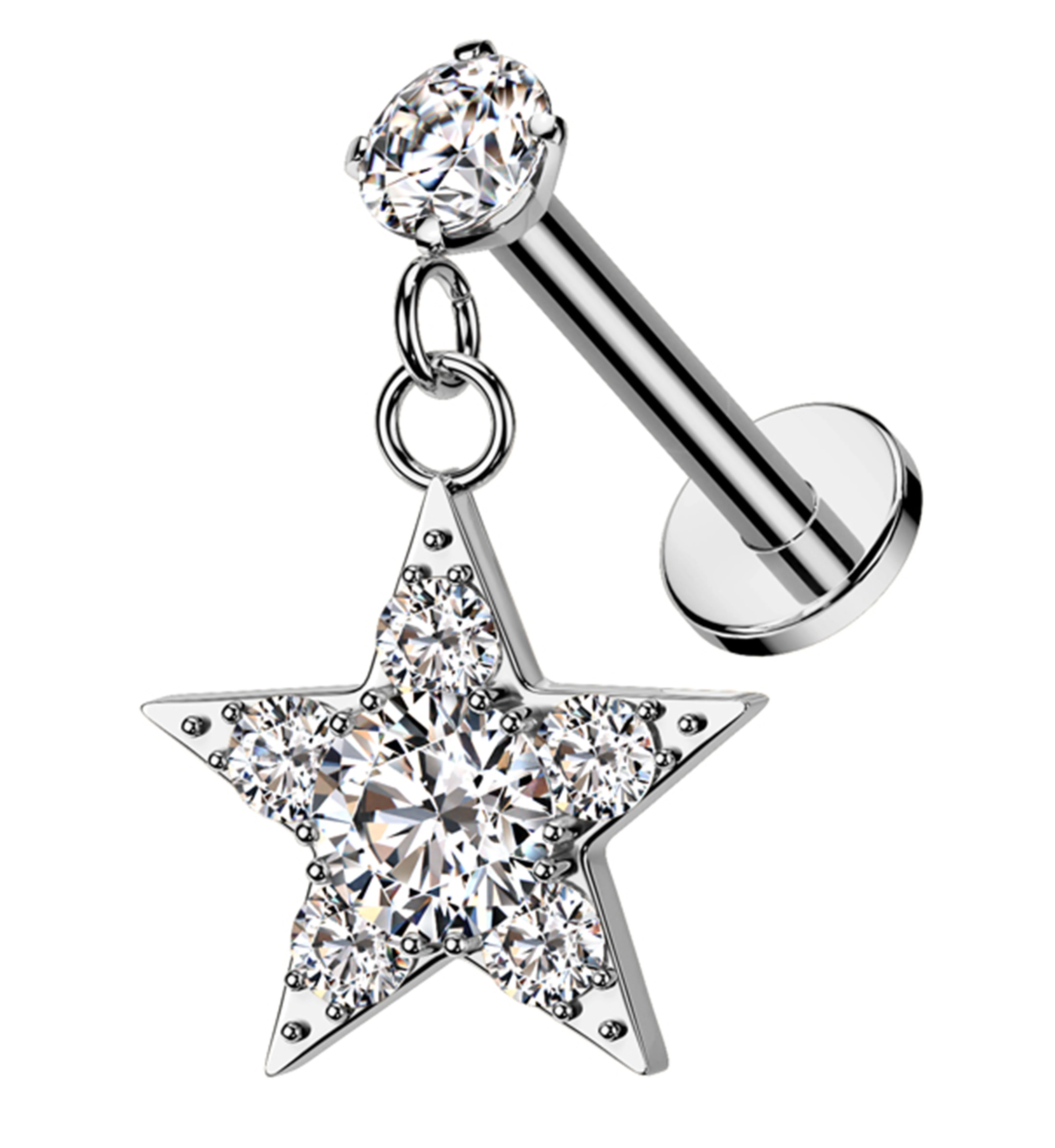 Star Dangle Clear CZ Internally Threaded Stainless Steel Labret - Mrs Treak