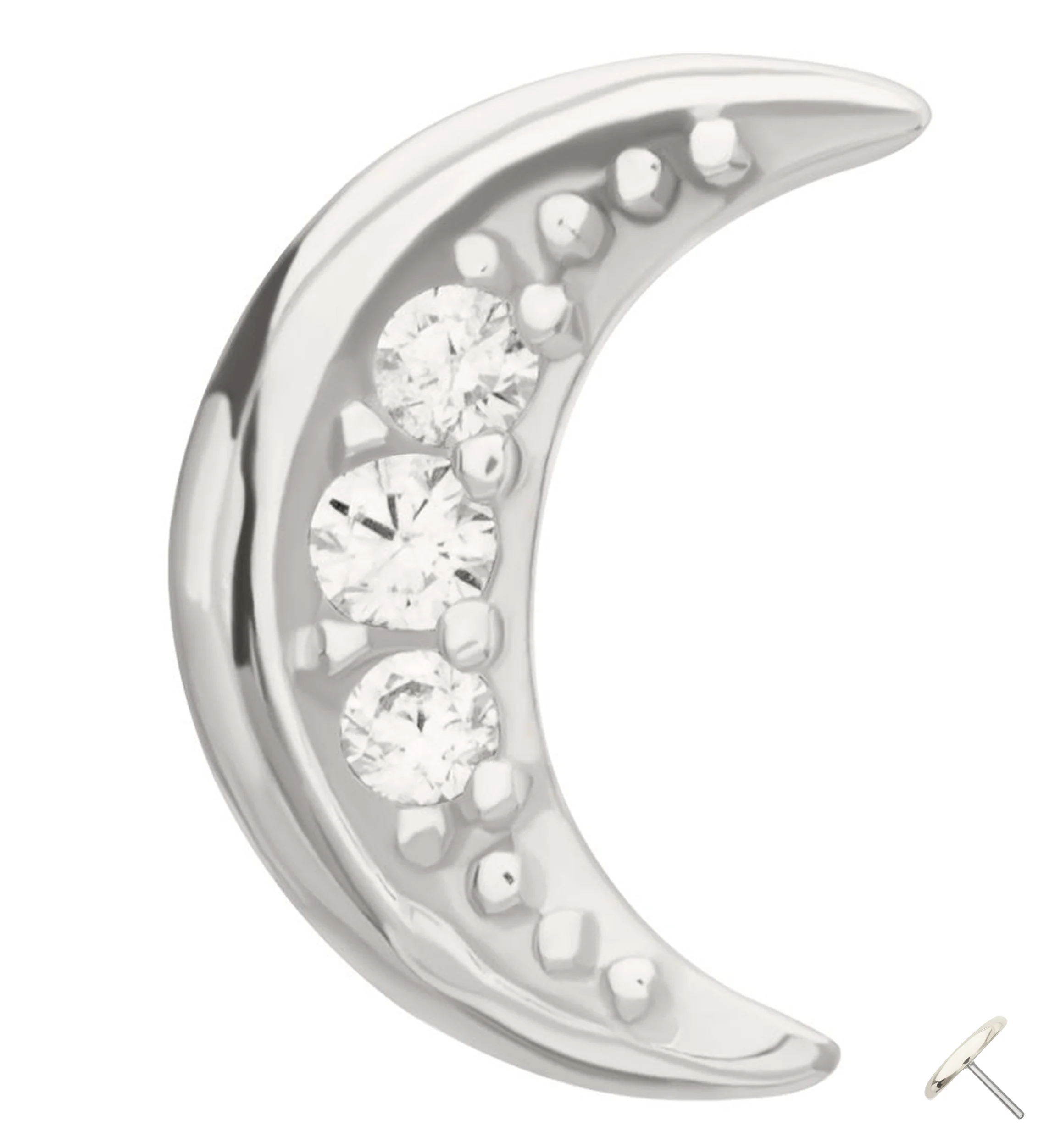 14kt White Gold Beaded Crescent Moon Clear CZ Threadless Top - Mrs Treak