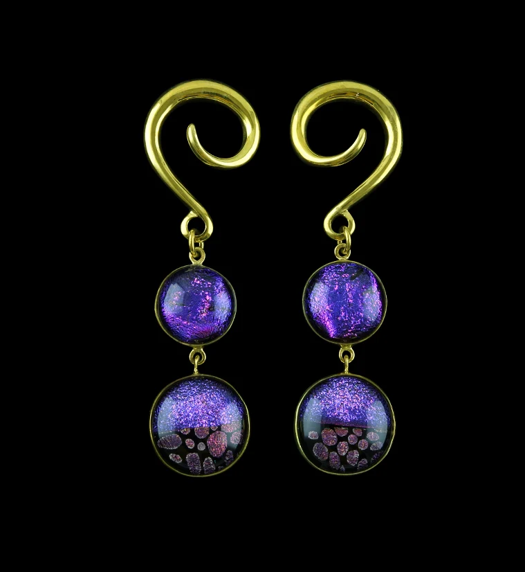 Purple Polka Glass Cab Brass Ear Weights - Mrs Treak