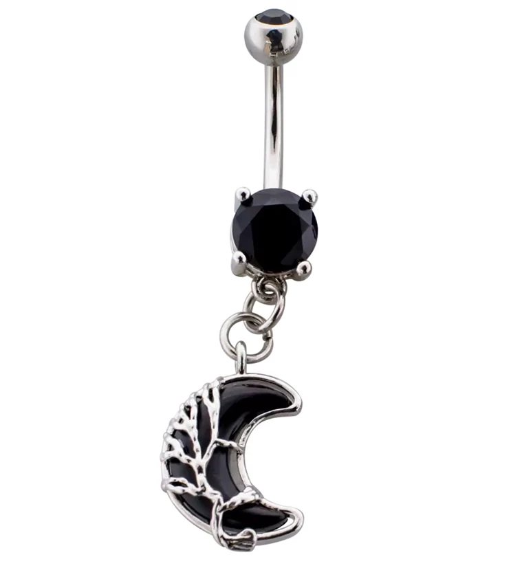 Wire Moon Black Opalite Black CZ Stainless Steel Belly Button Ring - Mrs Treak