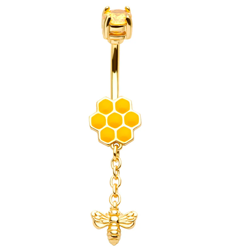 Gold PVD Honeycomb Bee Yellow CZ Stainless Steel Belly Button Ring - Mrs Treak
