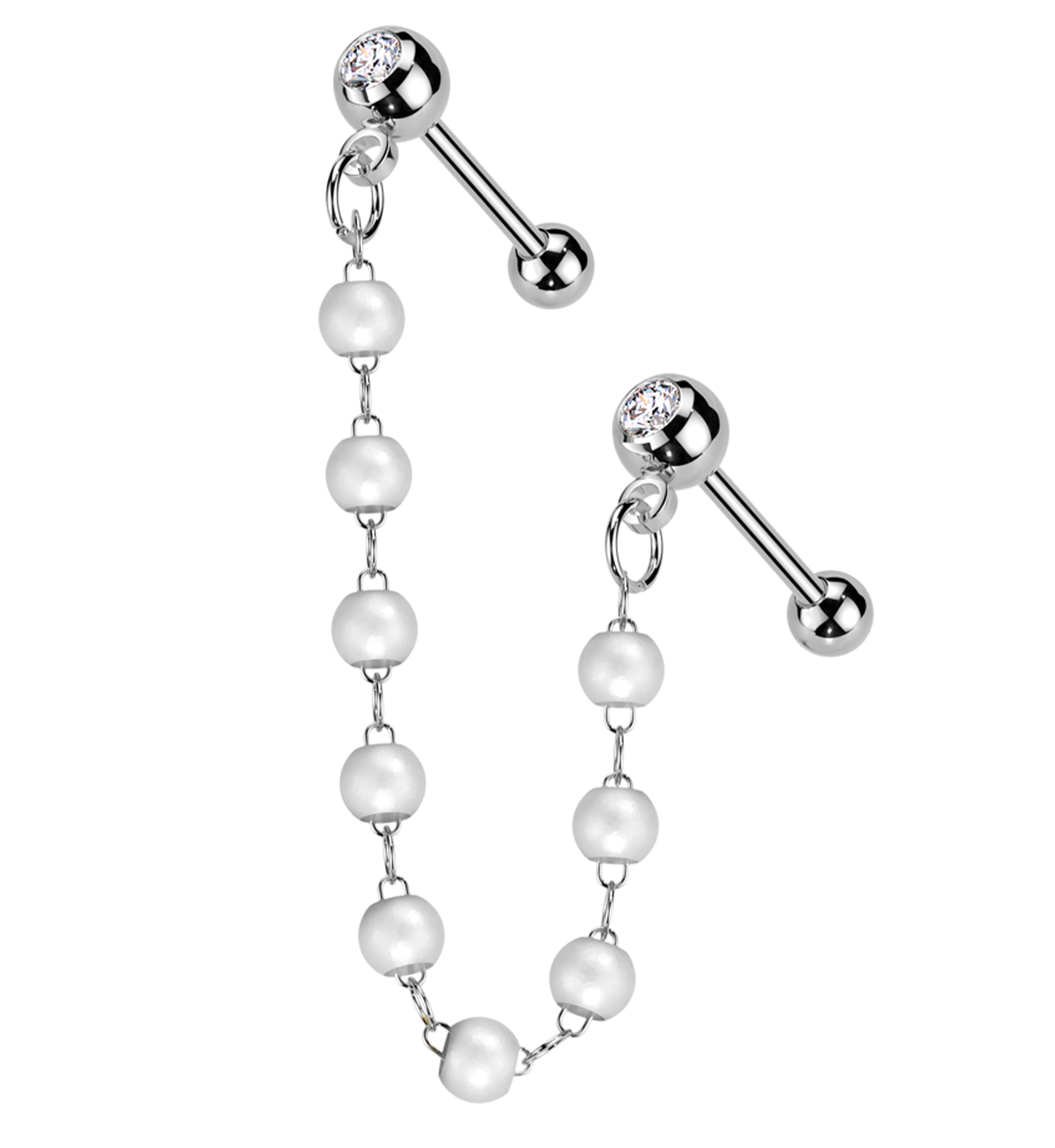 Double Barbell Clear CZ Stainless Steel Pearl Piercing Chain - Mrs Treak