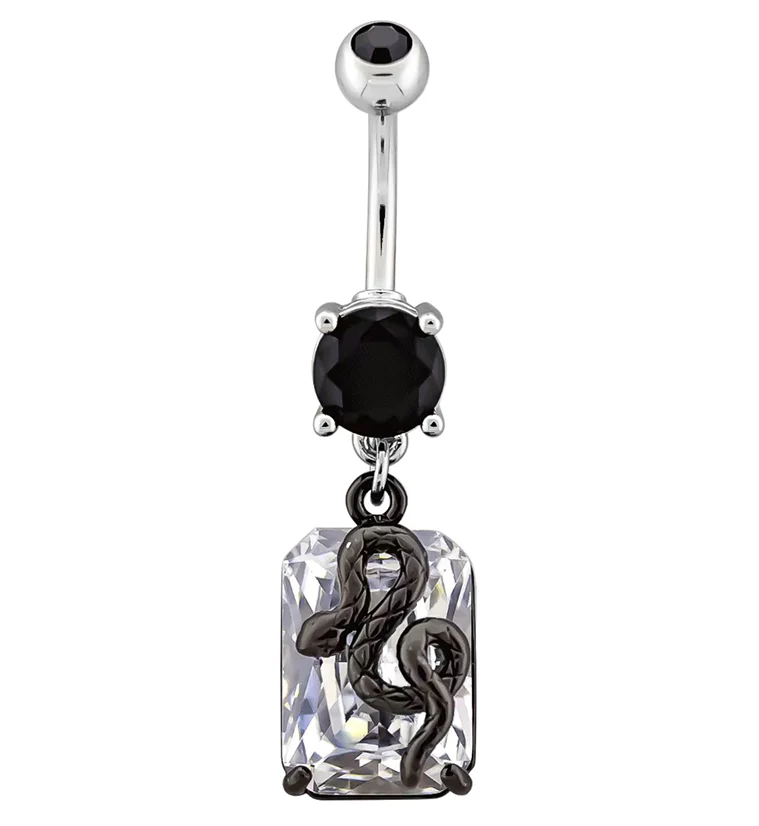 Snake Block Dangling Clear and Black CZ Stainless Steel Belly Button Ring - Mrs Treak