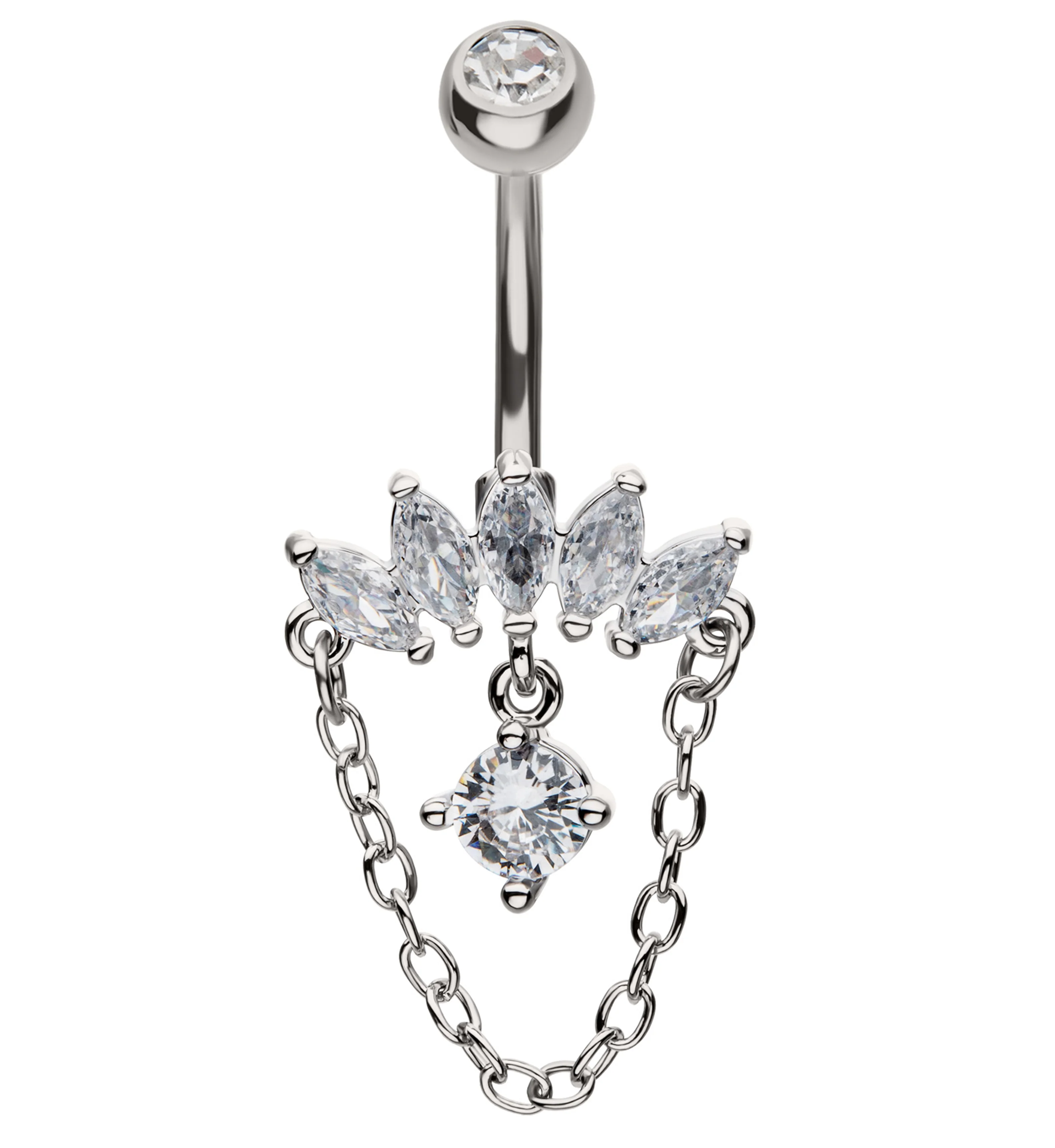 Half Crown Clear CZ Dangle Chain Stainless Steel Belly Button Ring - Mrs Treak