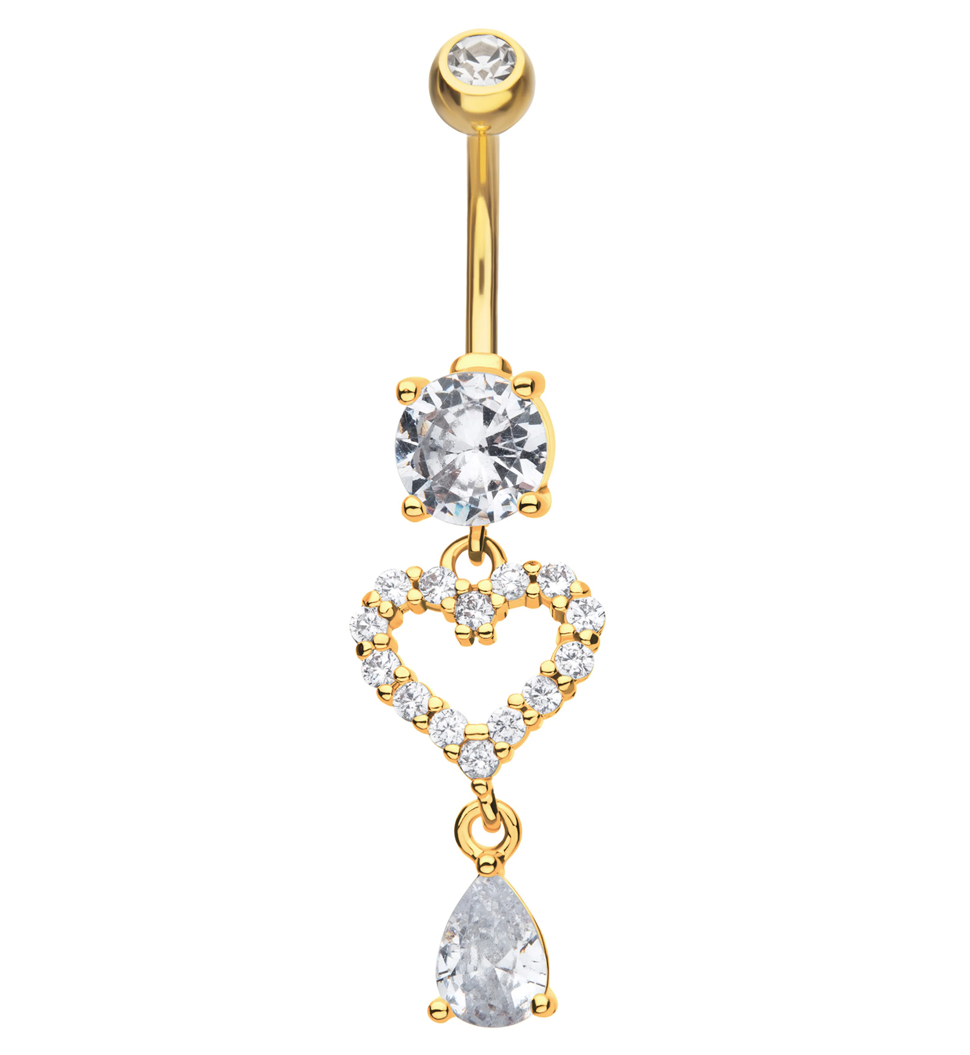 Gold PVD Sweetheart Teardrop Clear CZ Dangle Stainless Steel Belly Button Ring - Mrs Treak