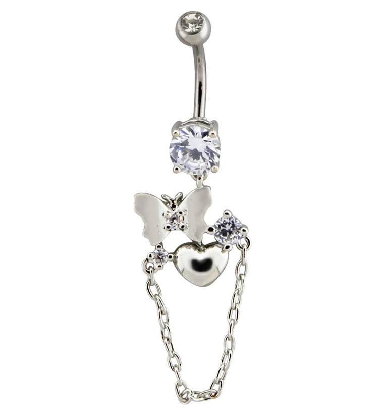 Butterfly Heart Clear CZ Dangle Chain Belly Button Ring - Mrs Treak