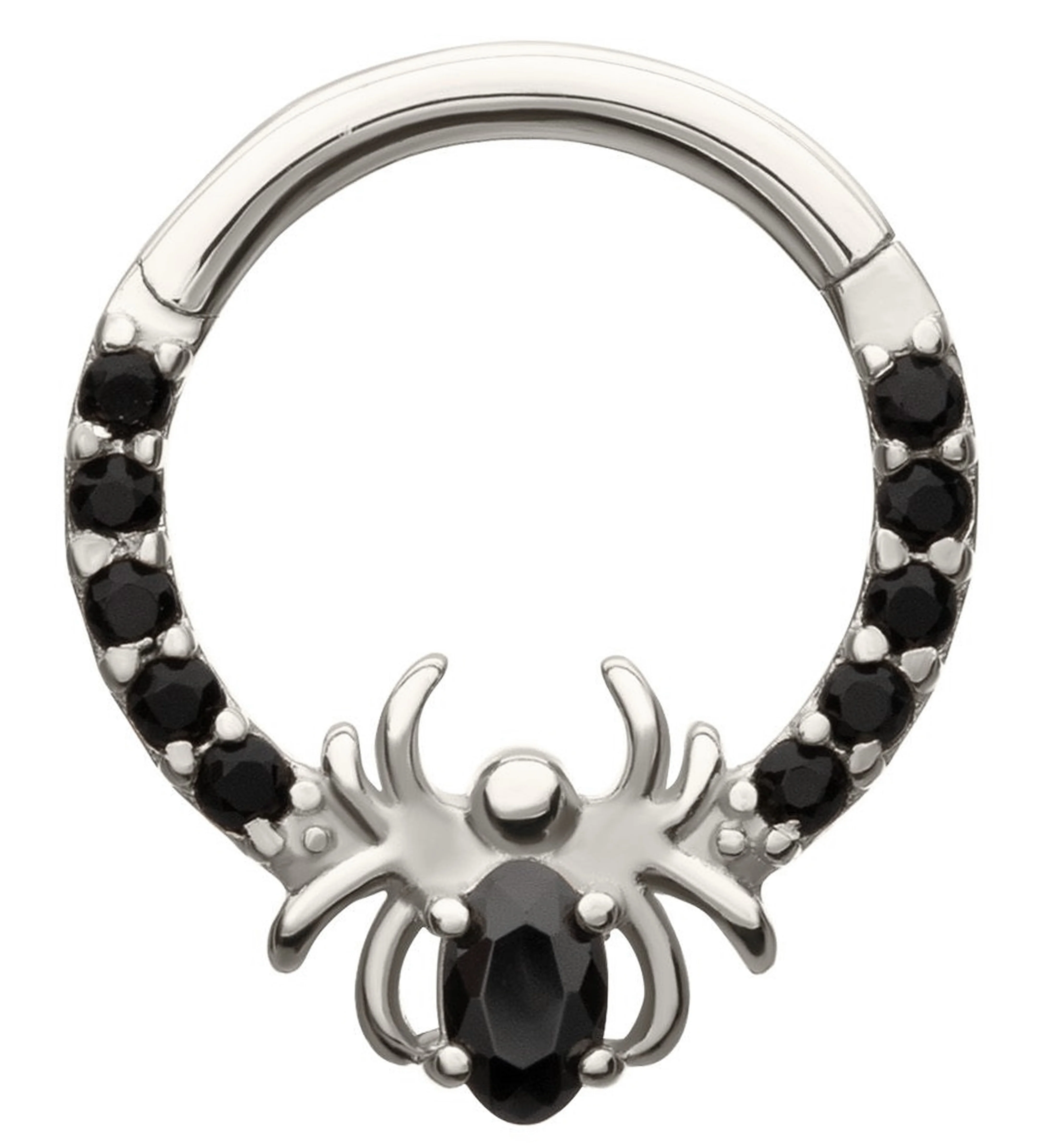 14kt White Gold Spider Black CZ Hinged Segment Ring - Mrs Treak