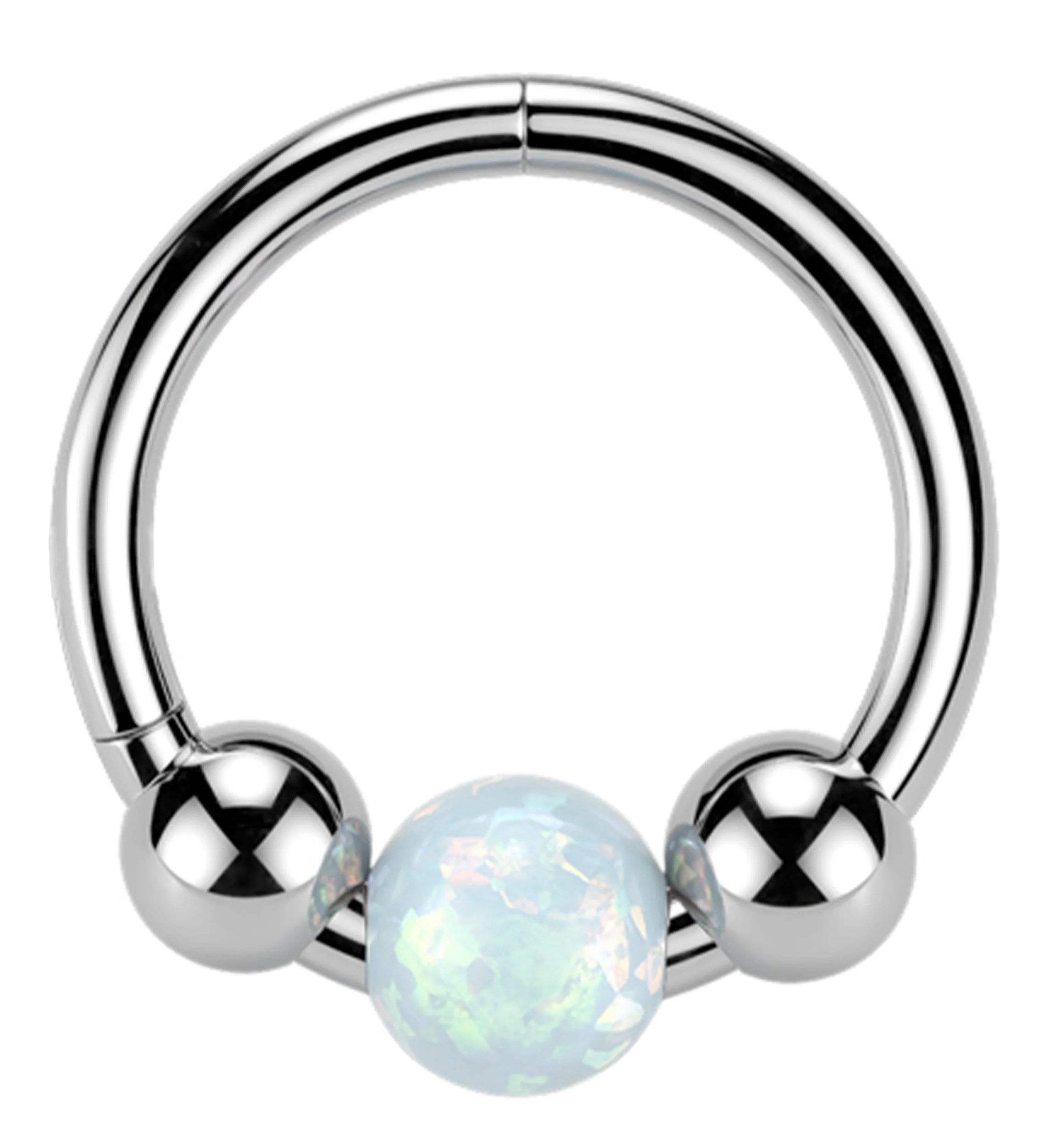 Triple Ball White Opalite Stainless Steel Hinged Segment Ring - Mrs Treak