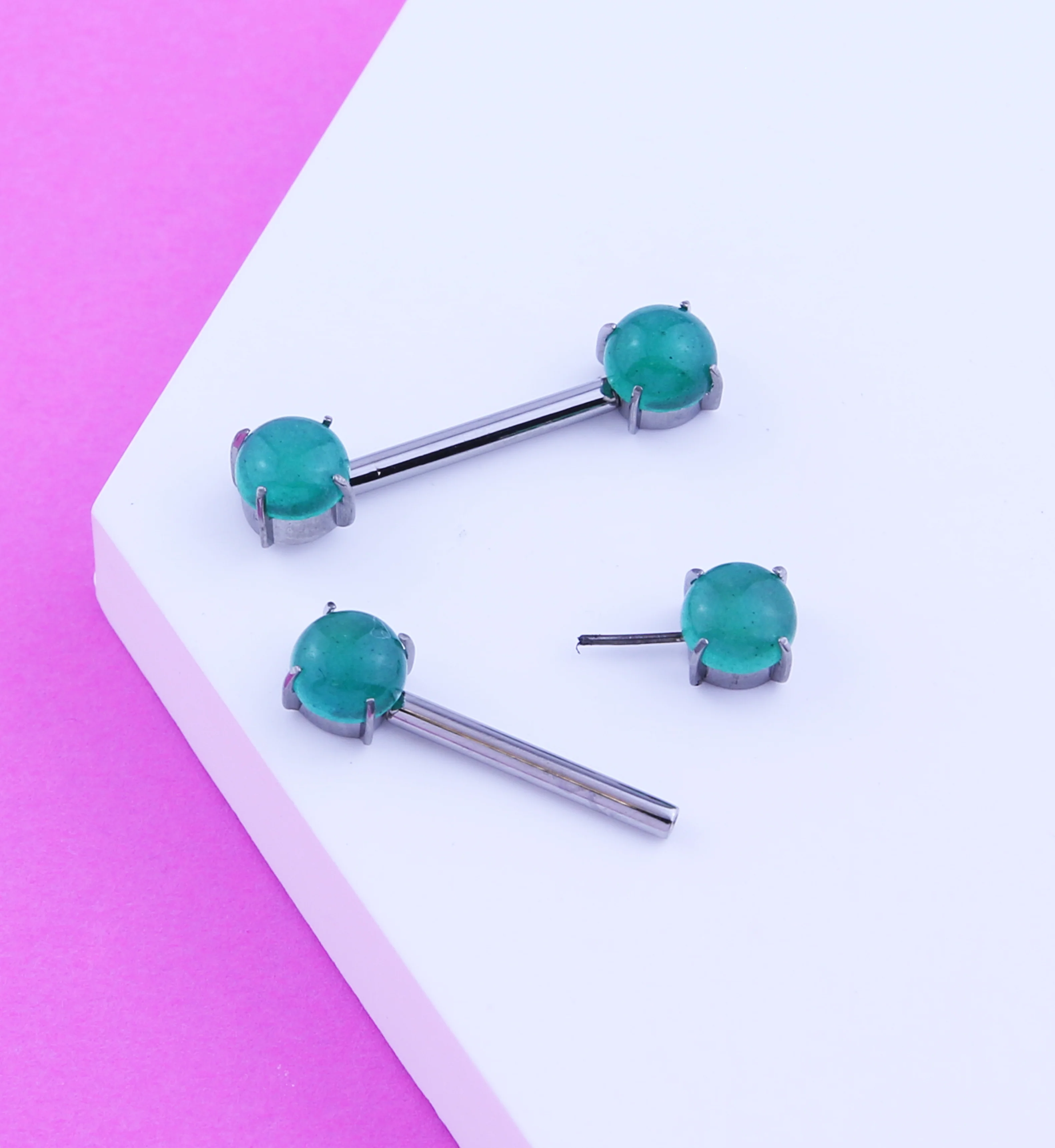 Double Green Aventurine Stone Threadless Titanium Nipple Barbells - Mrs Treak