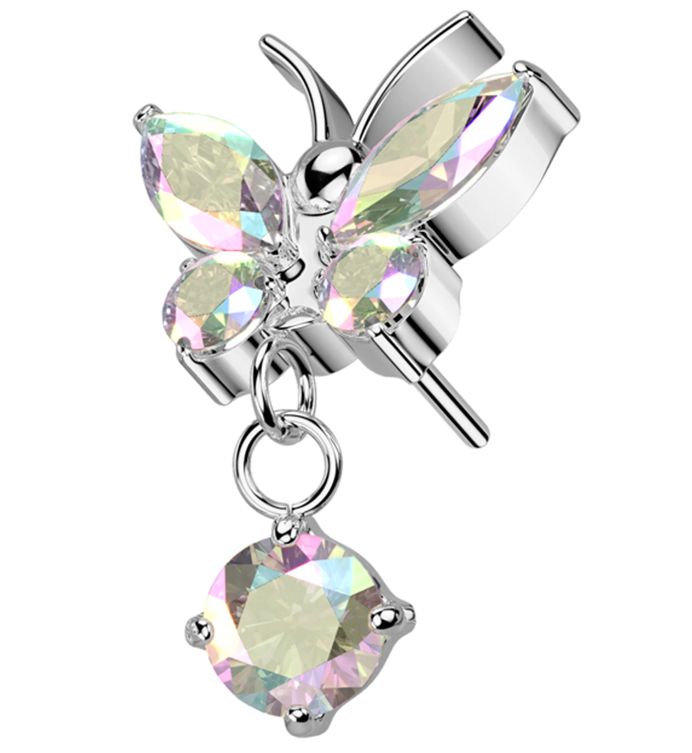 Butterfly Rainbow Aurora CZ Dangle Titanium Threadless Top - Mrs Treak