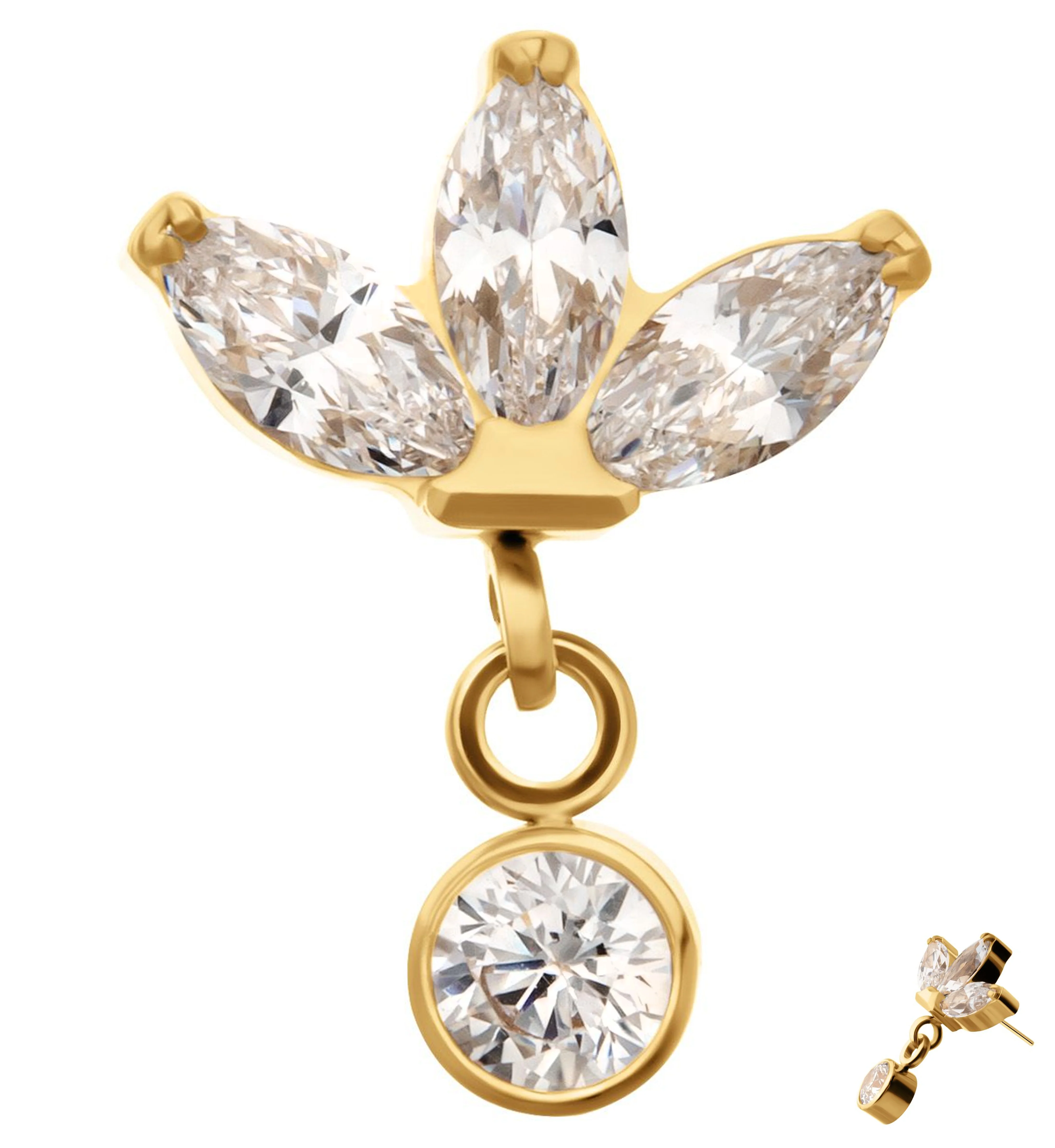 24kt Gold PVD Triple Sepal Marquise Clear CZ Bezel Dangle Titanium Threadless Top - Mrs Treak