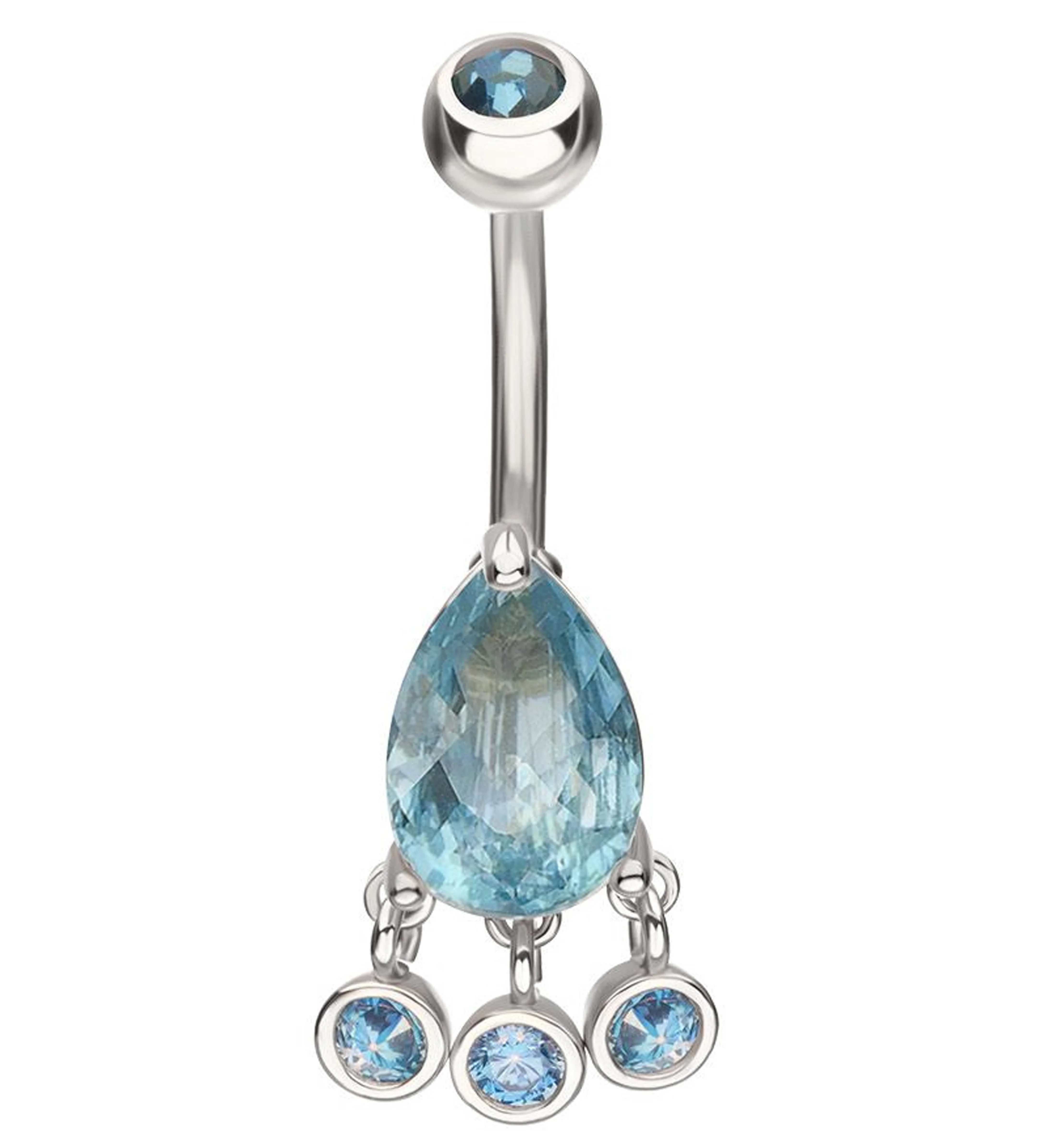Teardrop Aqua CZ Triple Bezel Dangle Stainless Steel Belly Button Ring - Mrs Treak